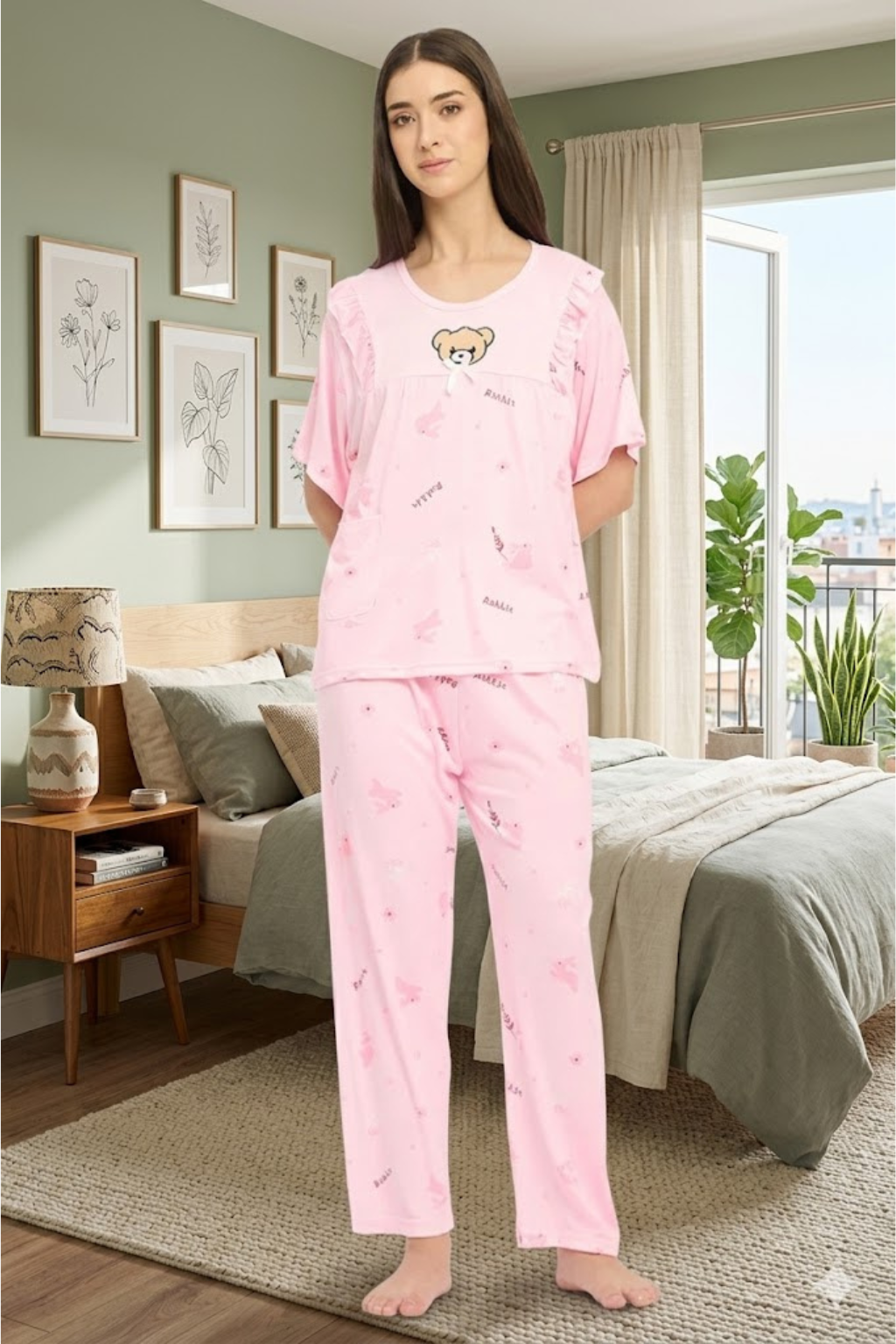 Women Night Suit Pink Printed Cotton Co-Ord Pyjama Set with Frill Detail