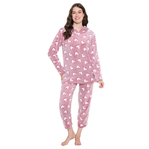 Women's Winter Glow in Dark Printed Full Sleeve Hooded Top, Pajama Pants with Pockets