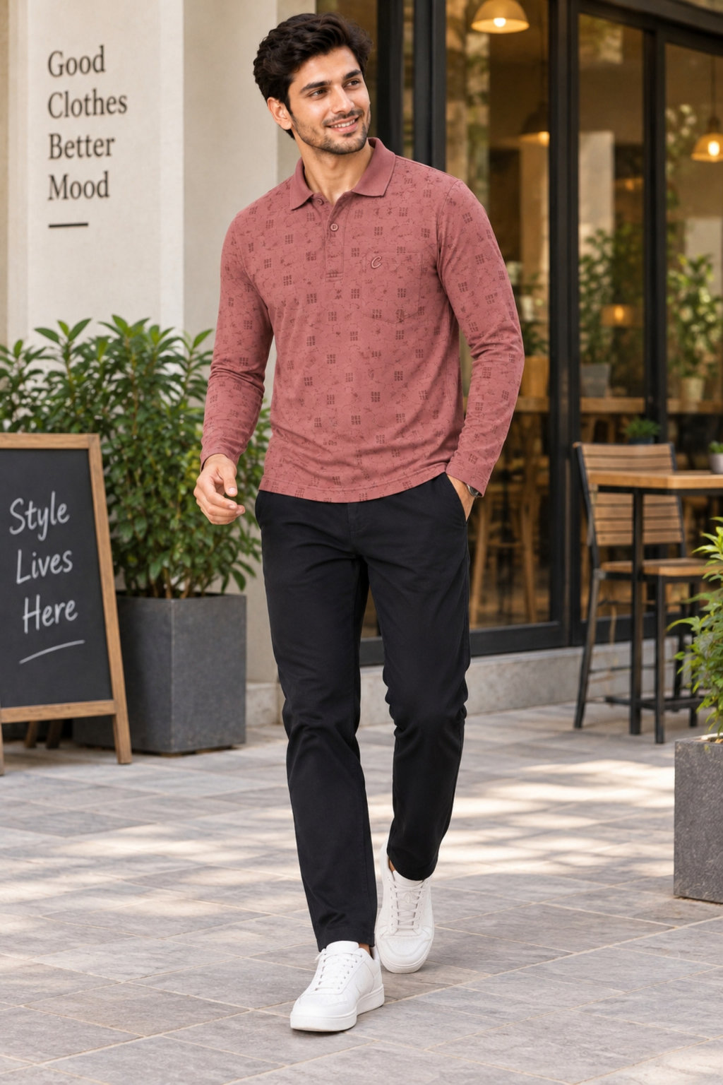 Men's Printed Full Sleeve T-Shirt For Men Polo Neck With Chest Pocket