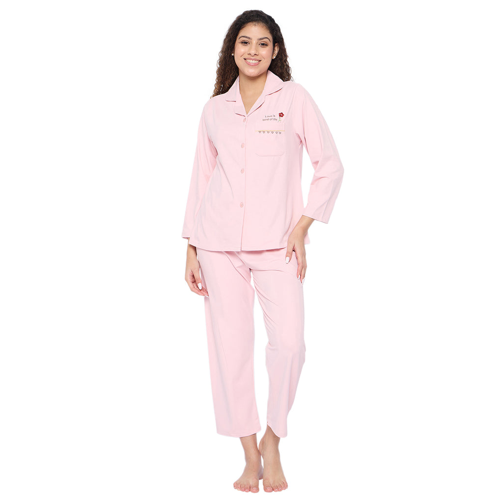 Women's Cotton Pyjama Set, Long Sleeve Button-Down Top with Pants, Sleepwear, Peach