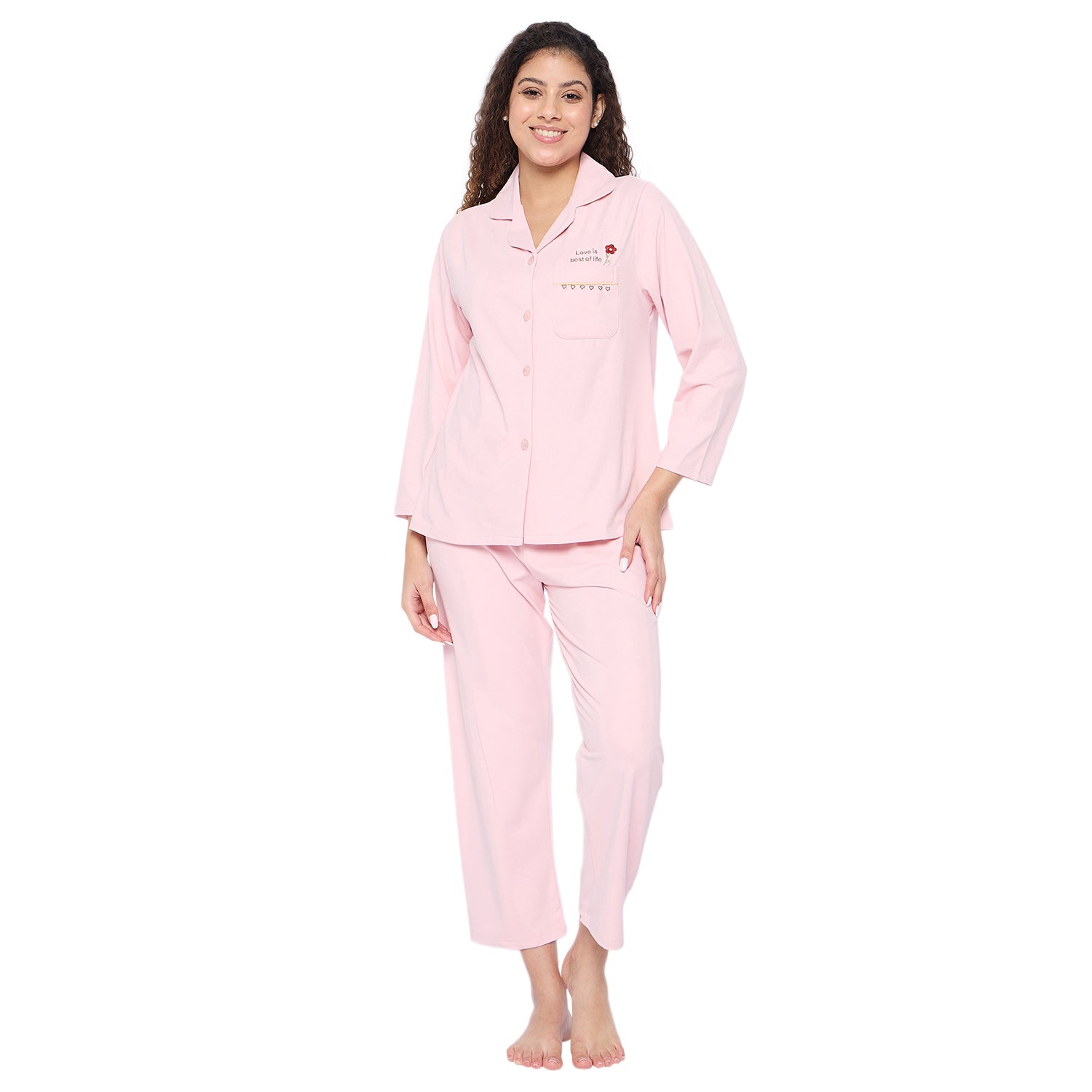 Women's Cotton Pyjama Set, Long Sleeve Button-Down Top with Pants, Sleepwear, Peach