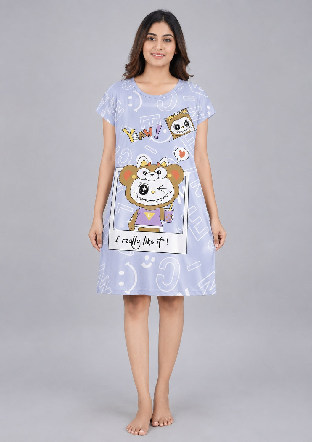 Women's Cute Cartoon Printed Knee Length Nighty | Soft Comfortable Loose Fit Short Sleeve Nighty for Women