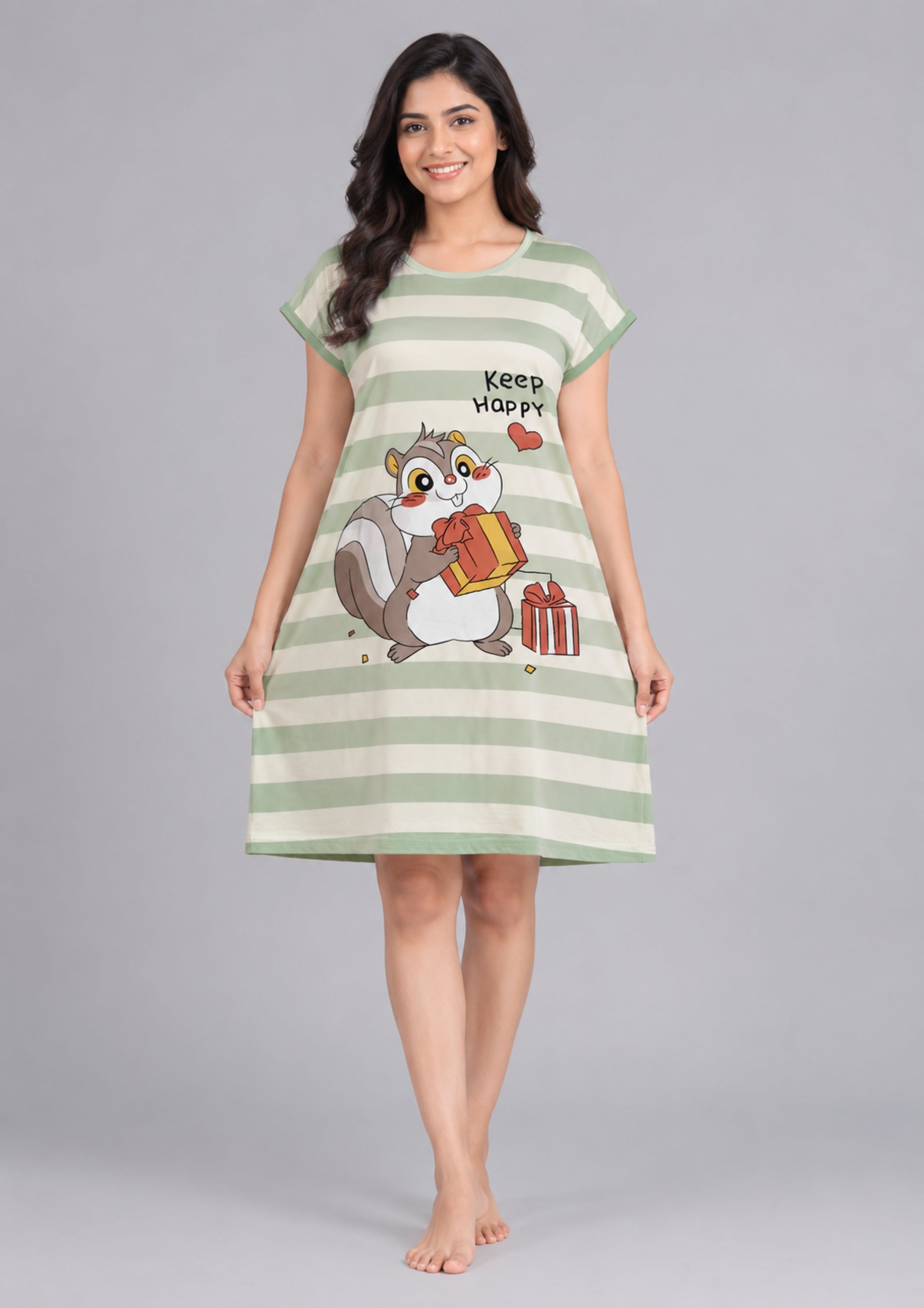 Women's Cute Cartoon Printed Knee Length Nighty | Soft Comfortable Loose Fit Short Sleeve Nighty for Women