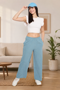 Women's Palazzo Pants with Pockets, Wide Leg, Ribbed Pattern, Elastic Waistband, Teal