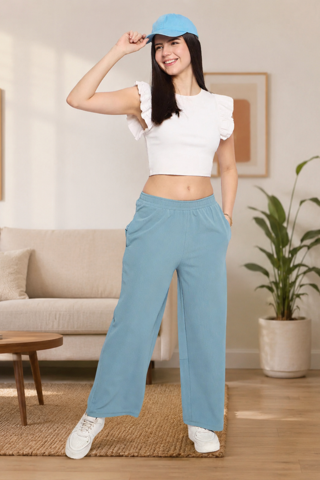Women's Palazzo Pants with Pockets, Wide Leg, Ribbed Pattern, Elastic Waistband, Teal