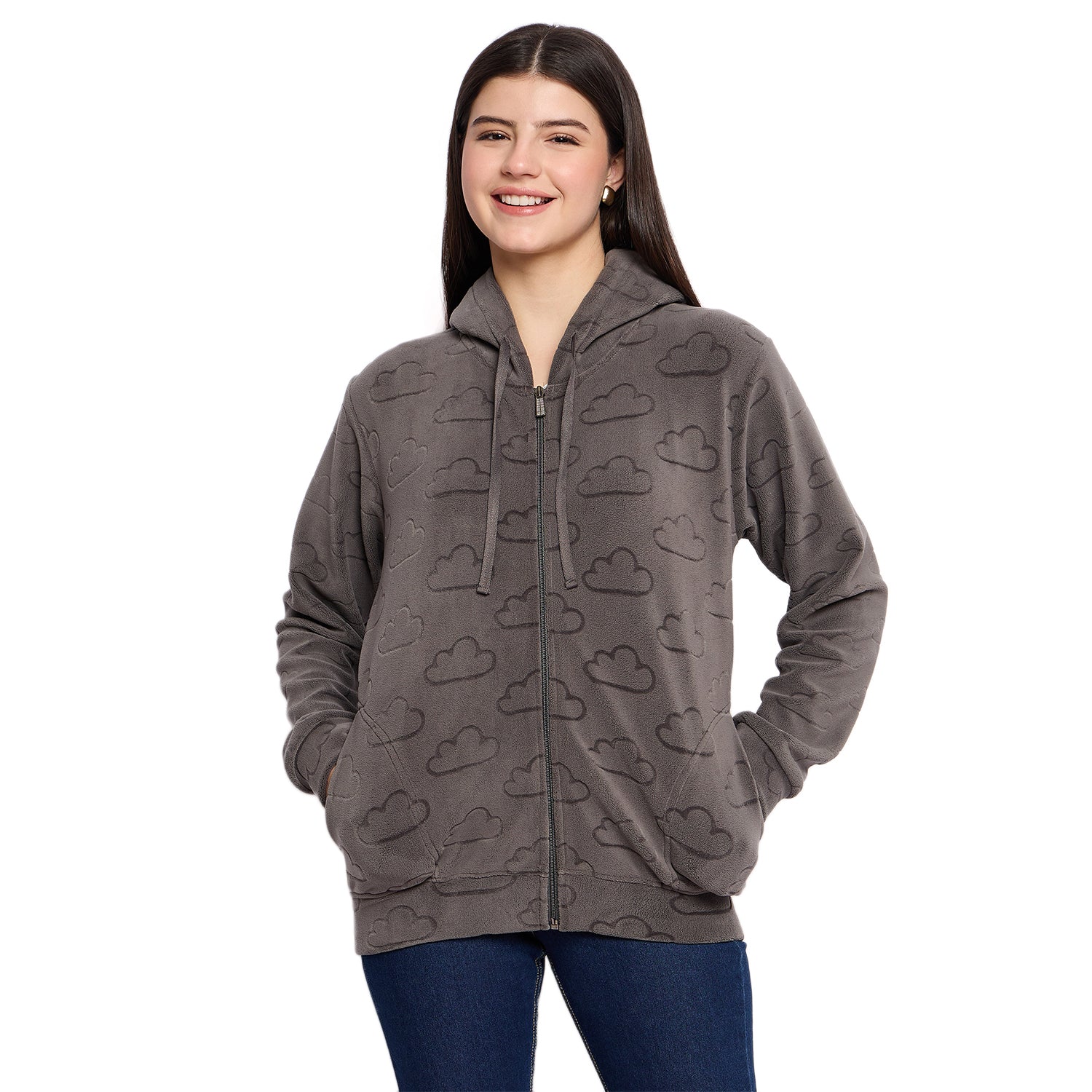 Women’s Embossed Fabric Auli Laser Cut Pattern Hoodie Sweatshirt – Full Sleeve, Zipper Front