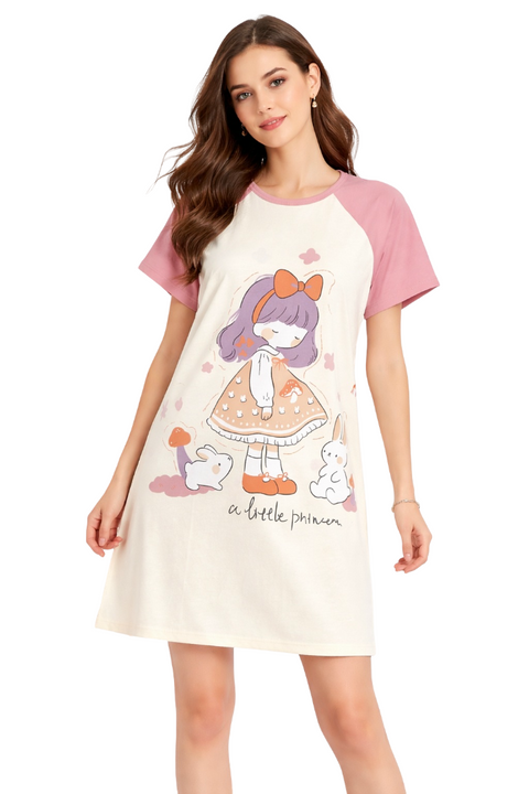 Women's short Nighty, Nightgown, Printed Pattern, Short Sleeve Sleep Dress