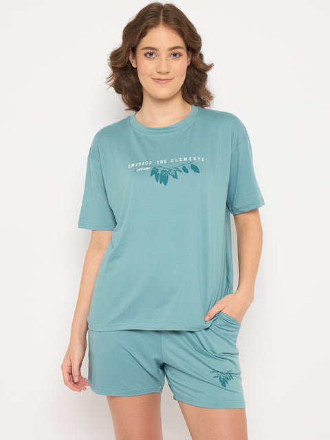 Women's Cotton Loungewear Set, Short Sleeve T-Shirt and Shorts, Teal