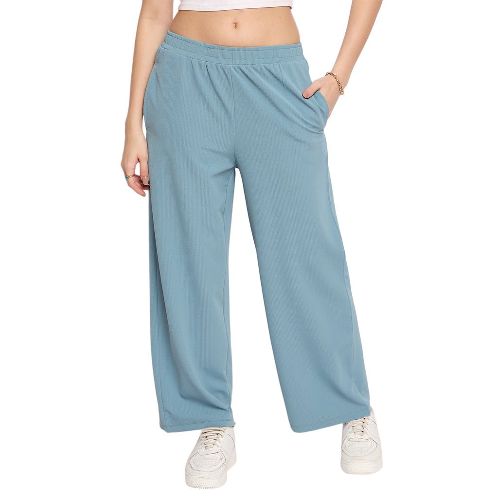 Women's Palazzo Pants with Pockets, Wide Leg, Ribbed Pattern, Elastic Waistband, Teal