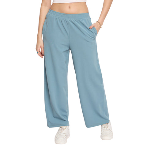 Women's Palazzo Pants with Pockets, Wide Leg, Ribbed Pattern, Elastic Waistband, Teal