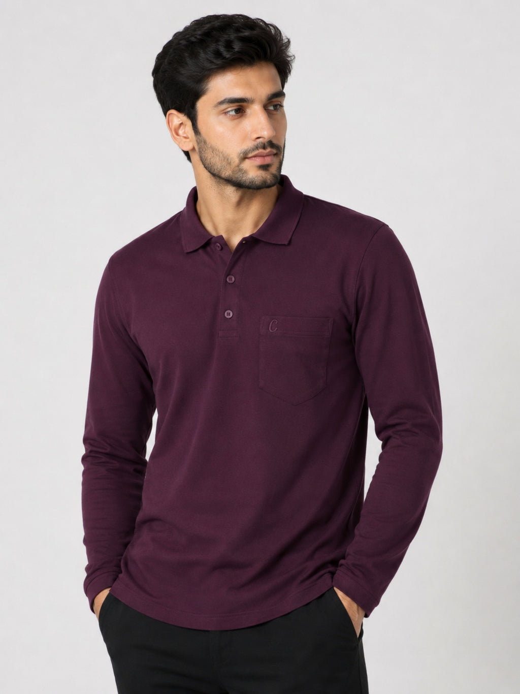 Camey Men's Plain Solid Long Sleeve Polo T-Shirt for men | Collared Casual Cotton Blend Tee with Chest Pocket