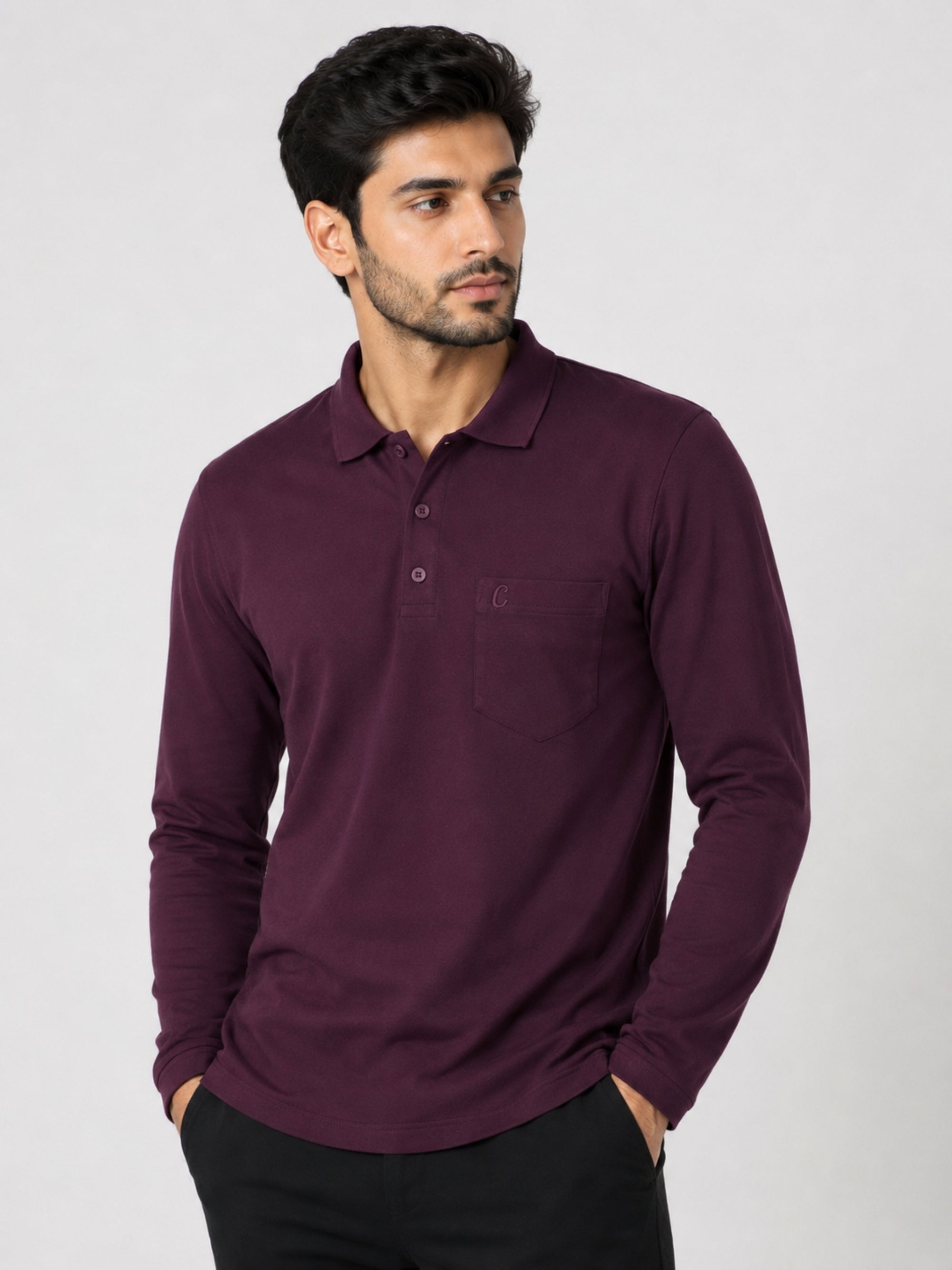 Camey Men's Plain Solid Long Sleeve Polo T-Shirt for men | Collared Casual Cotton Blend Tee with Chest Pocket