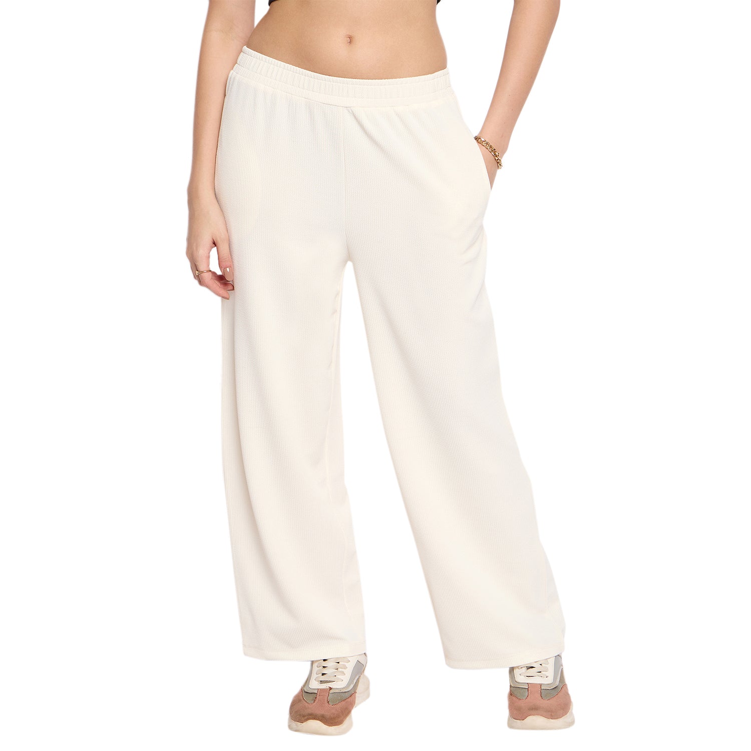 Women's Palazzo Pants with Pockets, Wide Leg, Ribbed Pattern, Elastic Waistband, Cream