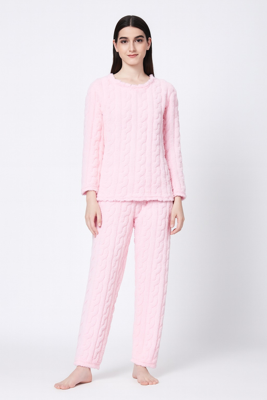 Camey Women Fleece Winter Night Suit Set | Cable Knit Textured Night Suit