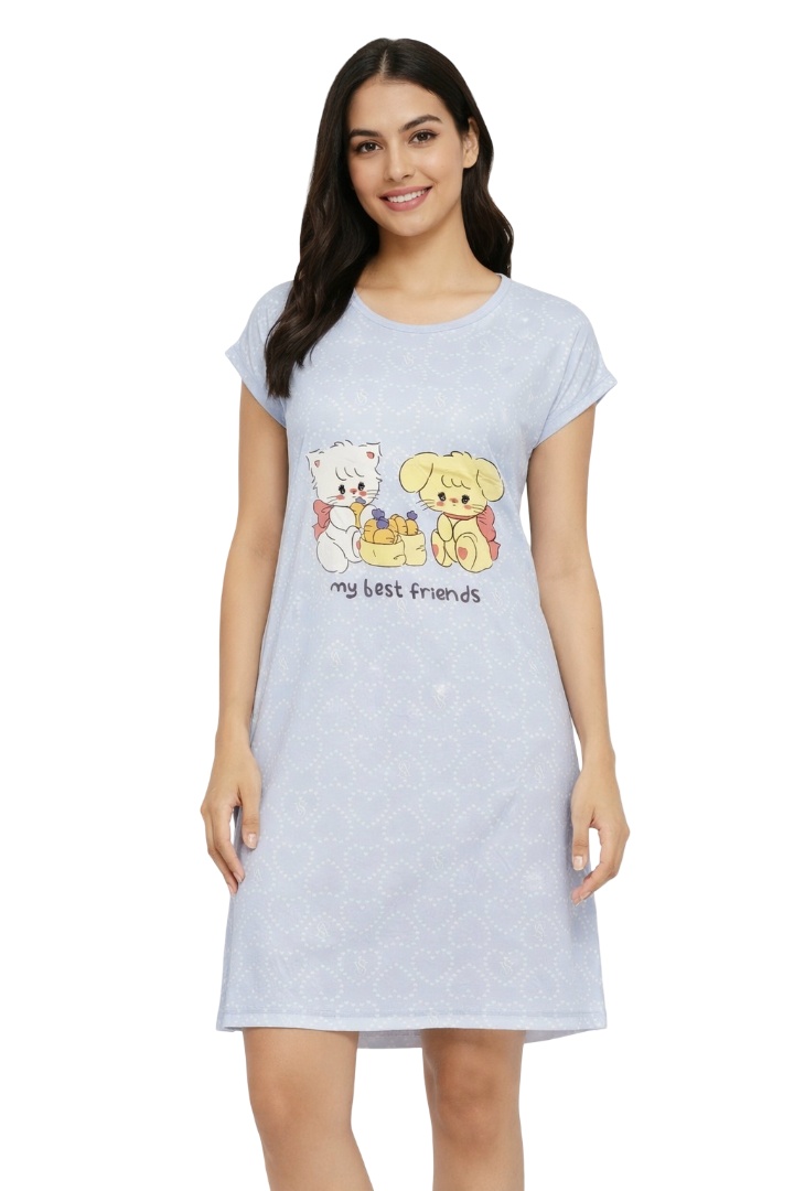 Women's short Nighty, Nightgown, Printed Pattern, Short Sleeve Sleep Dress