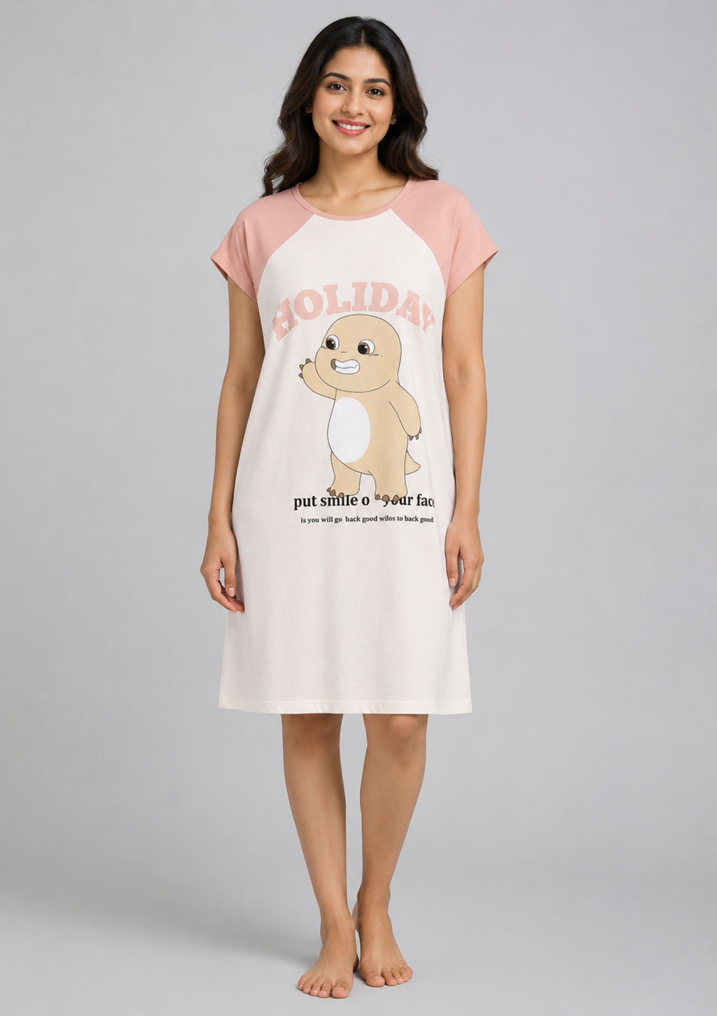 Women's Cute Cartoon Printed Knee Length Nighty | Soft Comfortable Loose Fit Short Sleeve Nighty for Women