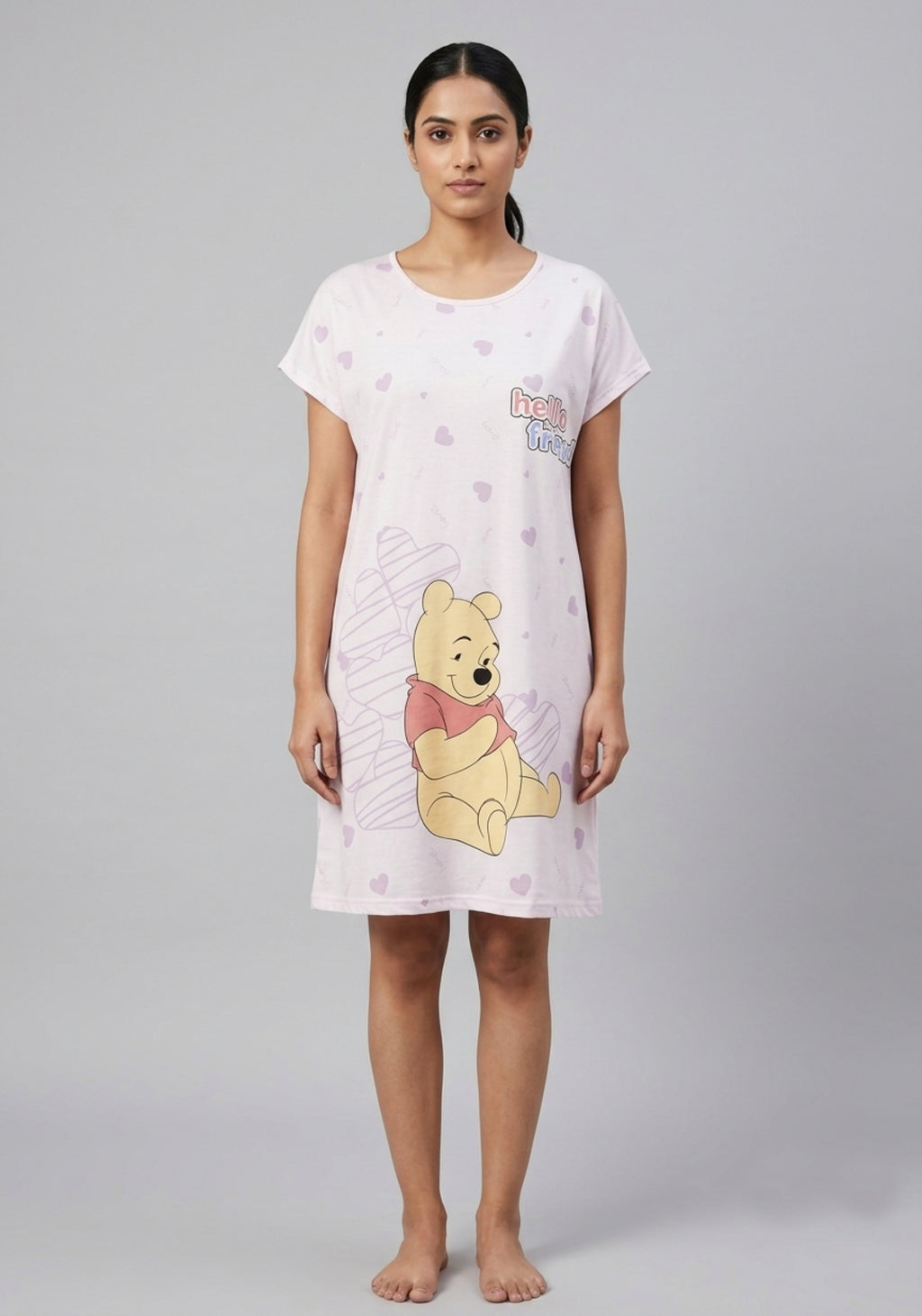 Women's Cute Cartoon Printed Knee Length Nighty | Soft Comfortable Loose Fit Short Sleeve Nighty for Women