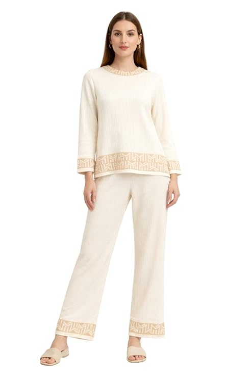CAMEY Women's Wool Lounge Wear Set, Full Sleeve Ribbed Top with Relaxed Fit Pants, Geometric Trim Detail, Warm Winter Co-Ord Nightwear