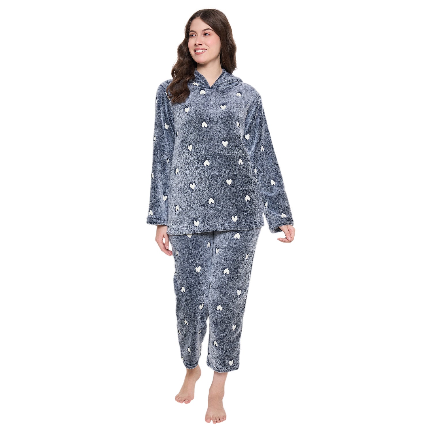 Women's Winter Glow in Dark Printed Full Sleeve Hooded Top, Pajama Pants with Pockets
