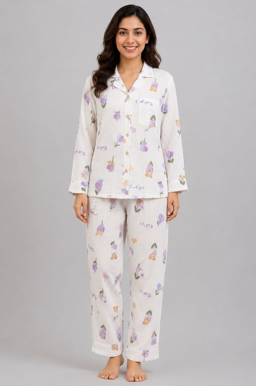 Women Night Suit Cotton Muslin Pyjama Set | Soft Printed Full Sleeve Sleepwear