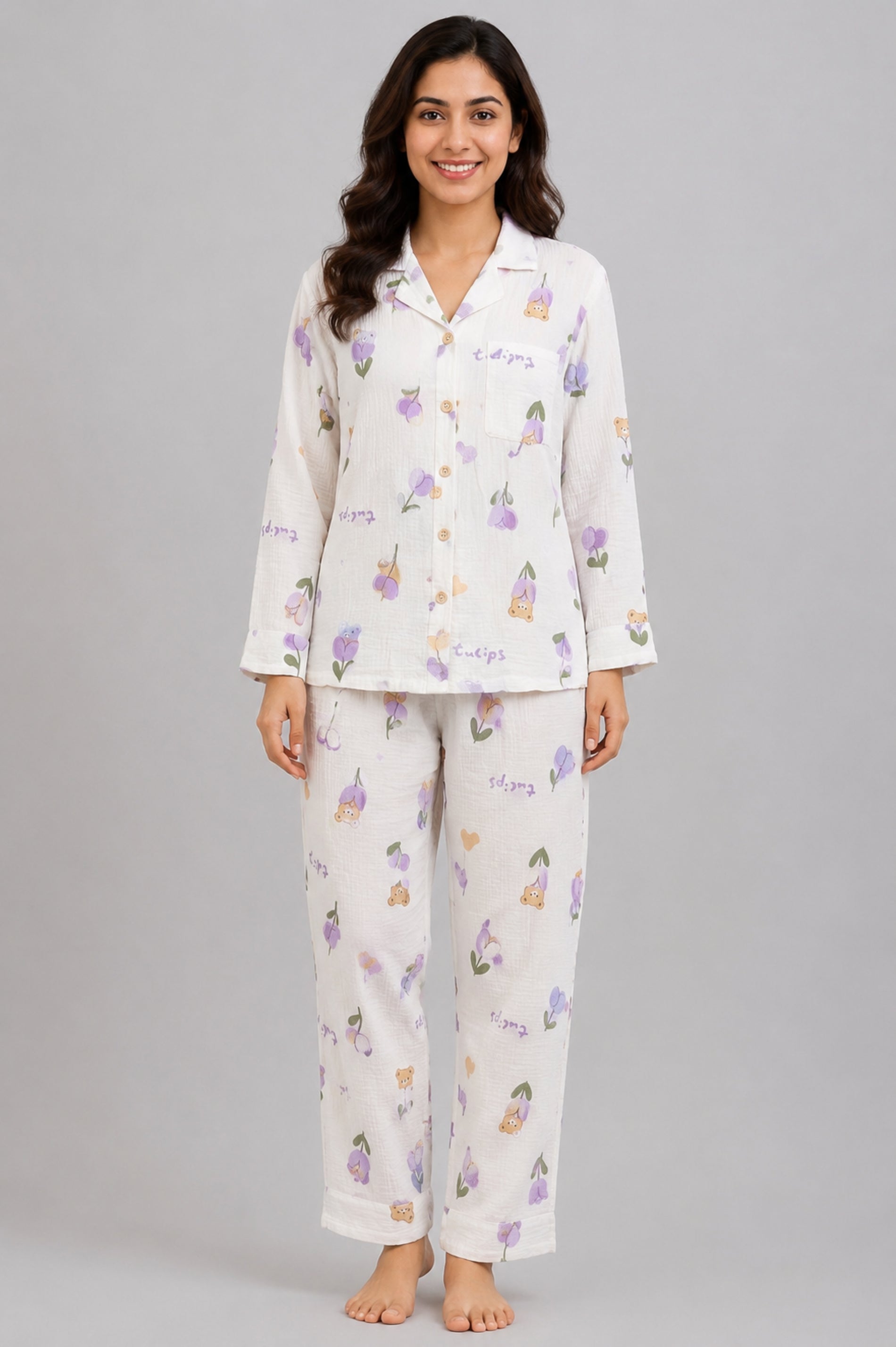 Women Night Suit Cotton Muslin Pyjama Set | Soft Printed Full Sleeve Sleepwear