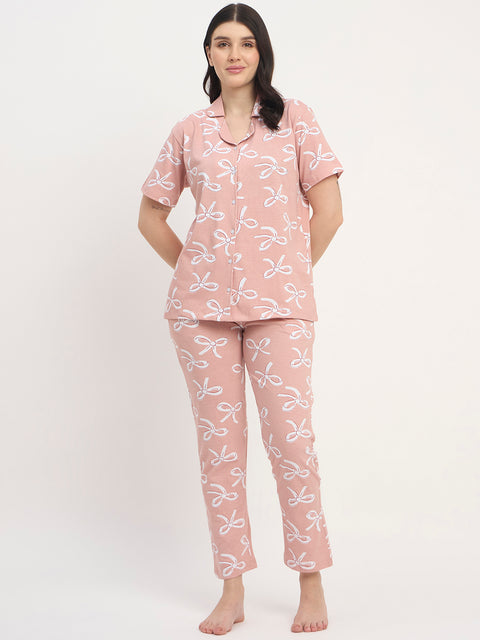 Women's Printed Nightsuit Pajama Set, Short Sleeve Button-Down Top with Pants, Cotton Nightwear, Beige