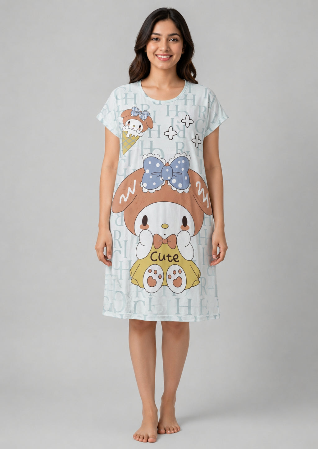 Women's Cute Cartoon Printed Knee Length Nighty | Soft Comfortable Loose Fit Short Sleeve Nighty for Women