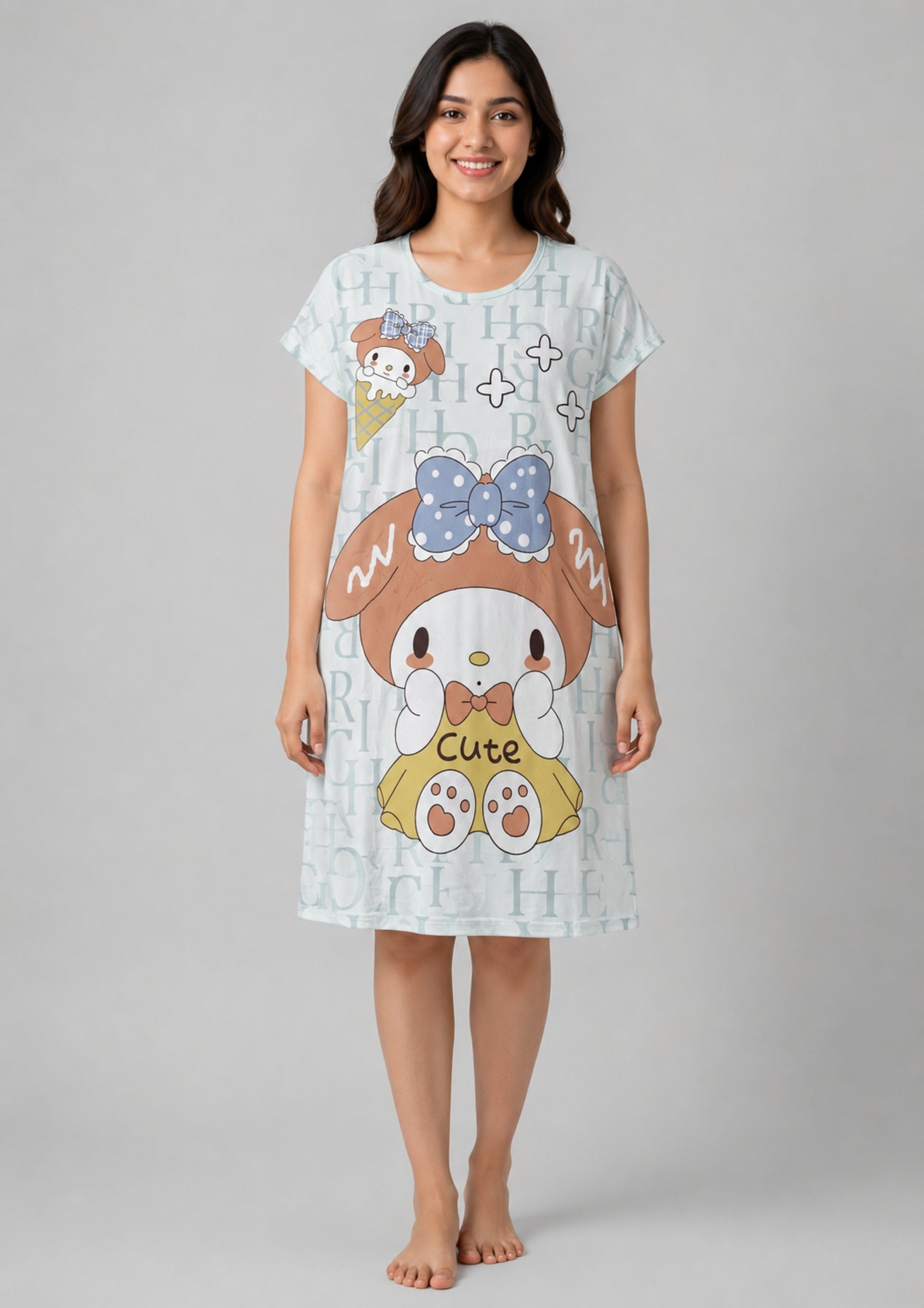 Women's Cute Cartoon Printed Knee Length Nighty | Soft Comfortable Loose Fit Short Sleeve Nighty for Women