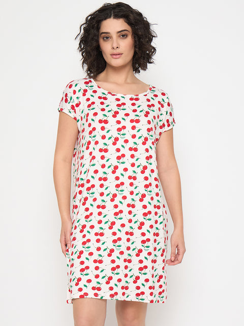Women's Printed Nightgown, Short Sleeve Sleep Dress, Short Length, Short Nighty, Cream Red