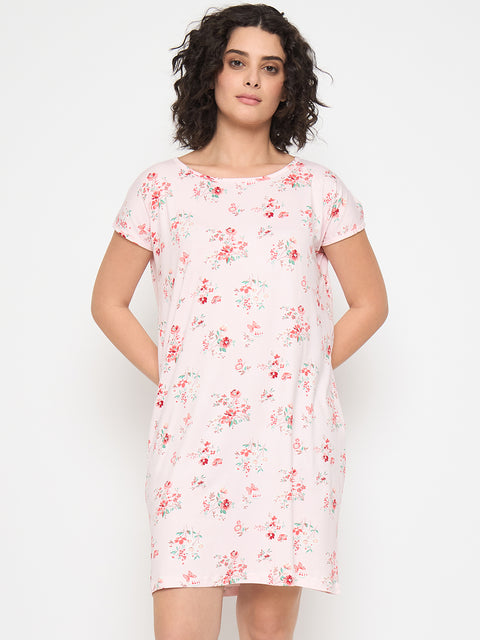 Women's Printed Nightgown, Short Sleeve Sleep Dress, Short Length, Short Nighty, Pink Red