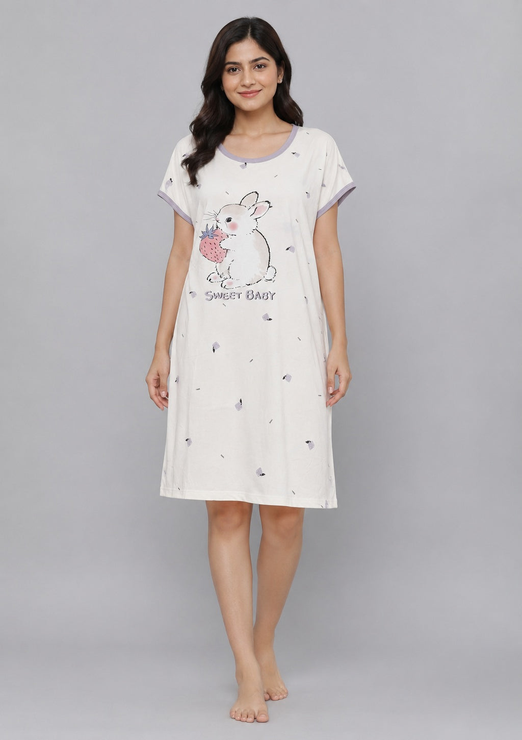 Women's Cute Cartoon Printed Knee Length Nighty | Soft Comfortable Loose Fit Short Sleeve Nighty for Women