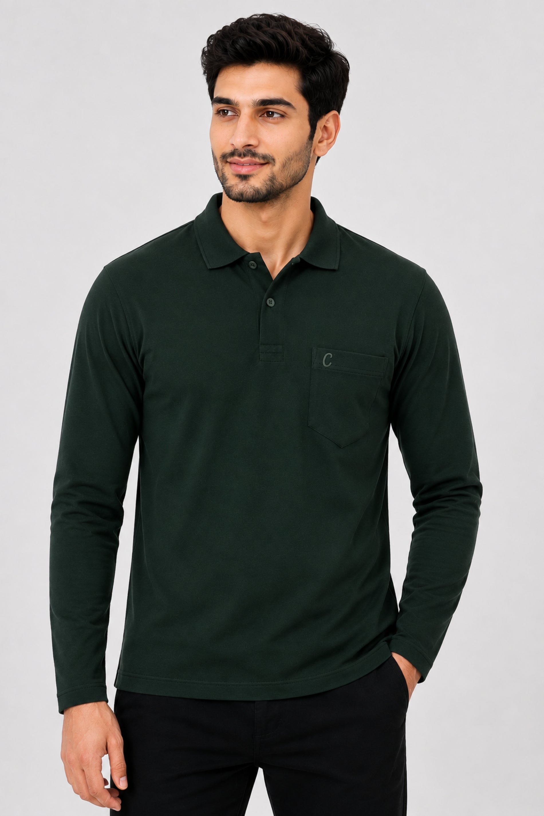 Camey Men's Plain Solid Long Sleeve Polo T-Shirt for men | Collared Casual Cotton Blend Tee with Chest Pocket