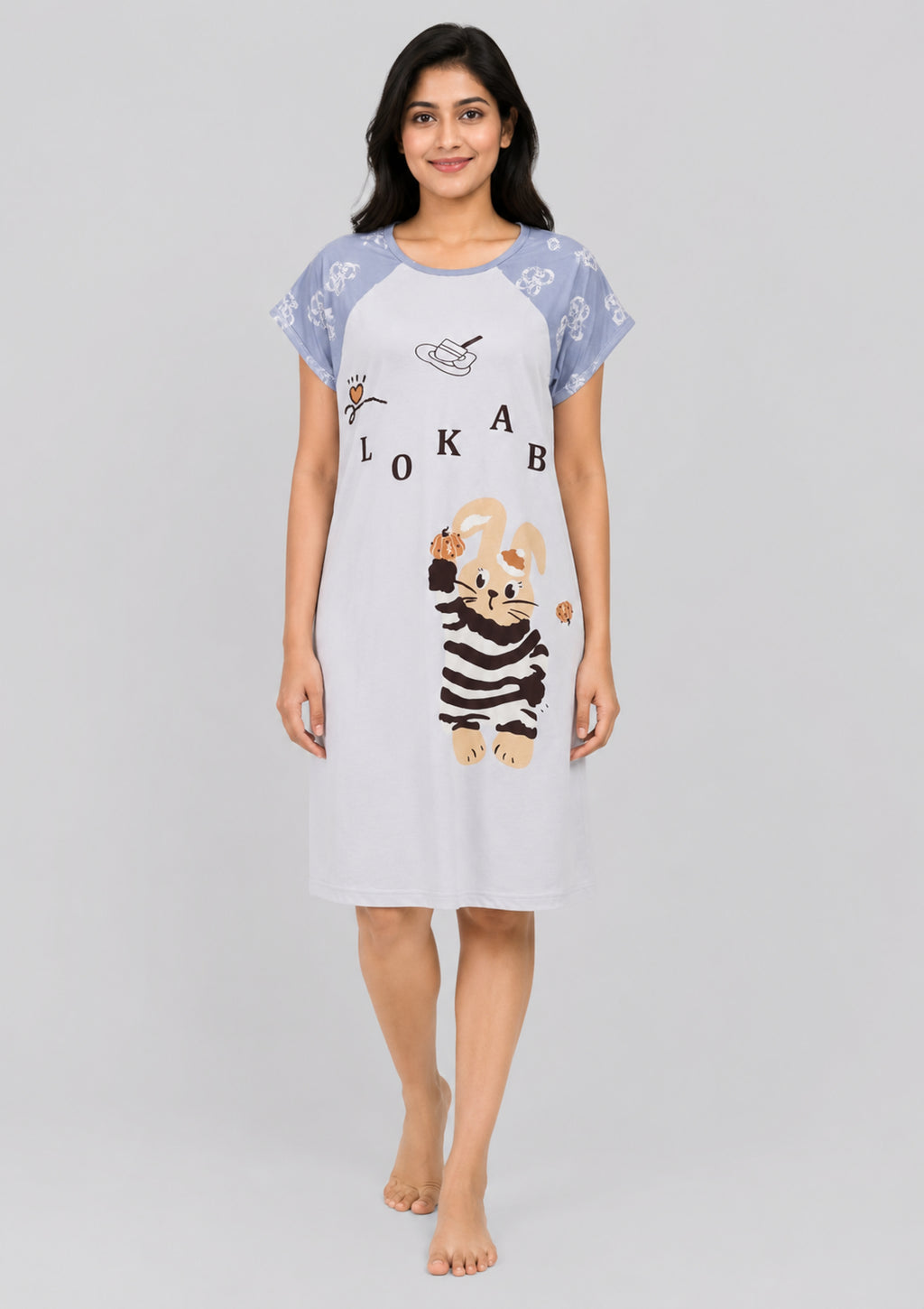 Women's Cute Cartoon Printed Knee Length Nighty | Soft Comfortable Loose Fit Short Sleeve Nighty for Women