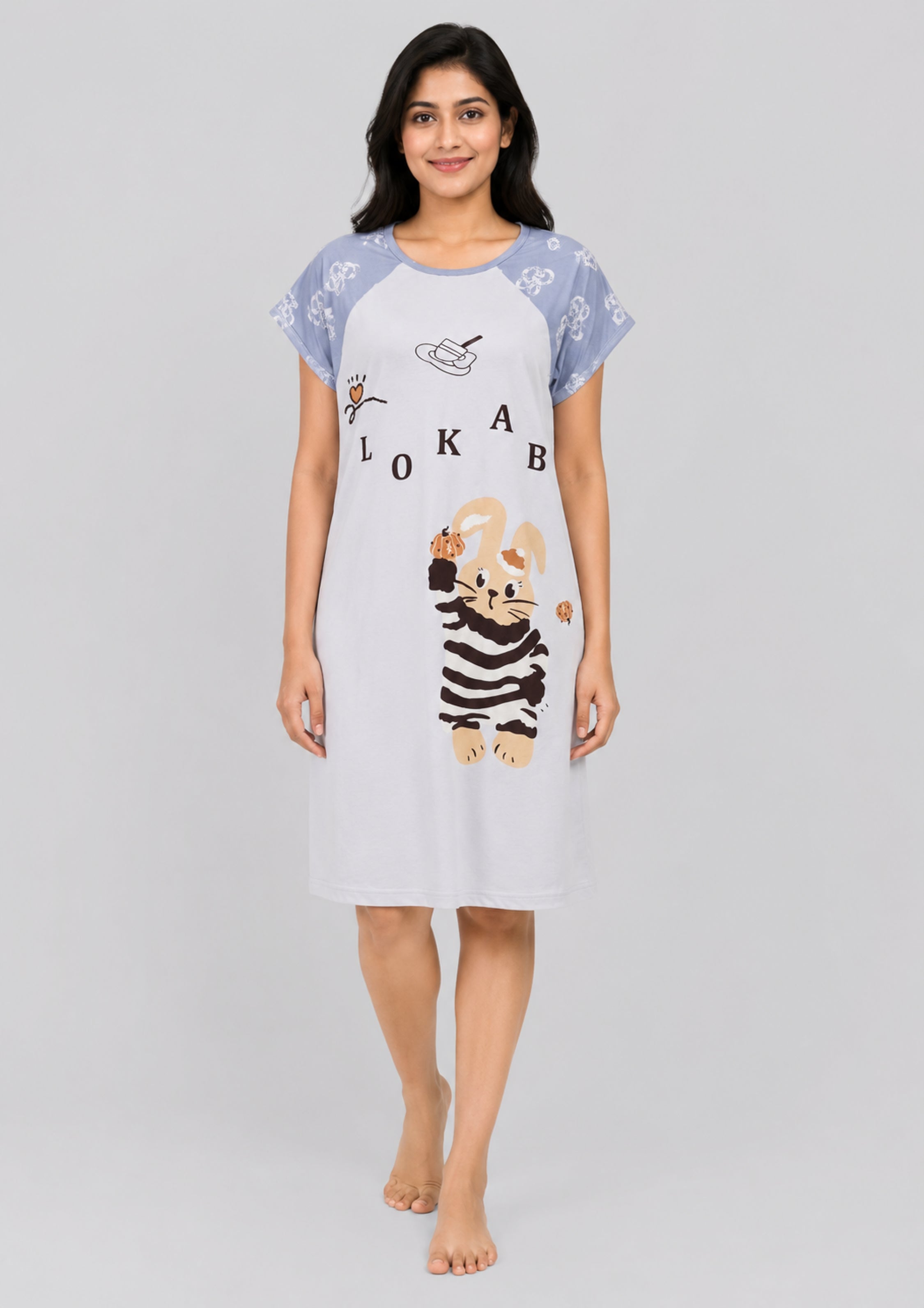 Women's Cute Cartoon Printed Knee Length Nighty | Soft Comfortable Loose Fit Short Sleeve Nighty for Women