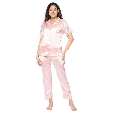 Women's Satin Pyjama Set, Short Sleeve Button-Down Shirt with Full Length Pyjama