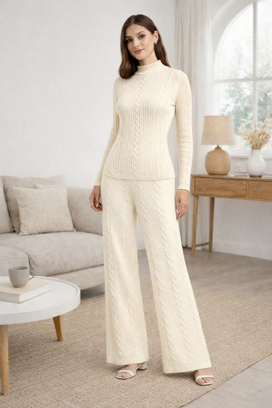 Camey Women Woolen Lounge Wear Set | Full Sleeve with Wide Leg Pants | Soft Warm Winter Co-Ord Set