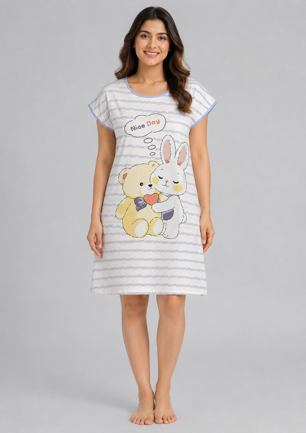 Women's Cute Cartoon Printed Knee Length Nighty | Soft Comfortable Loose Fit Short Sleeve Nighty for Women