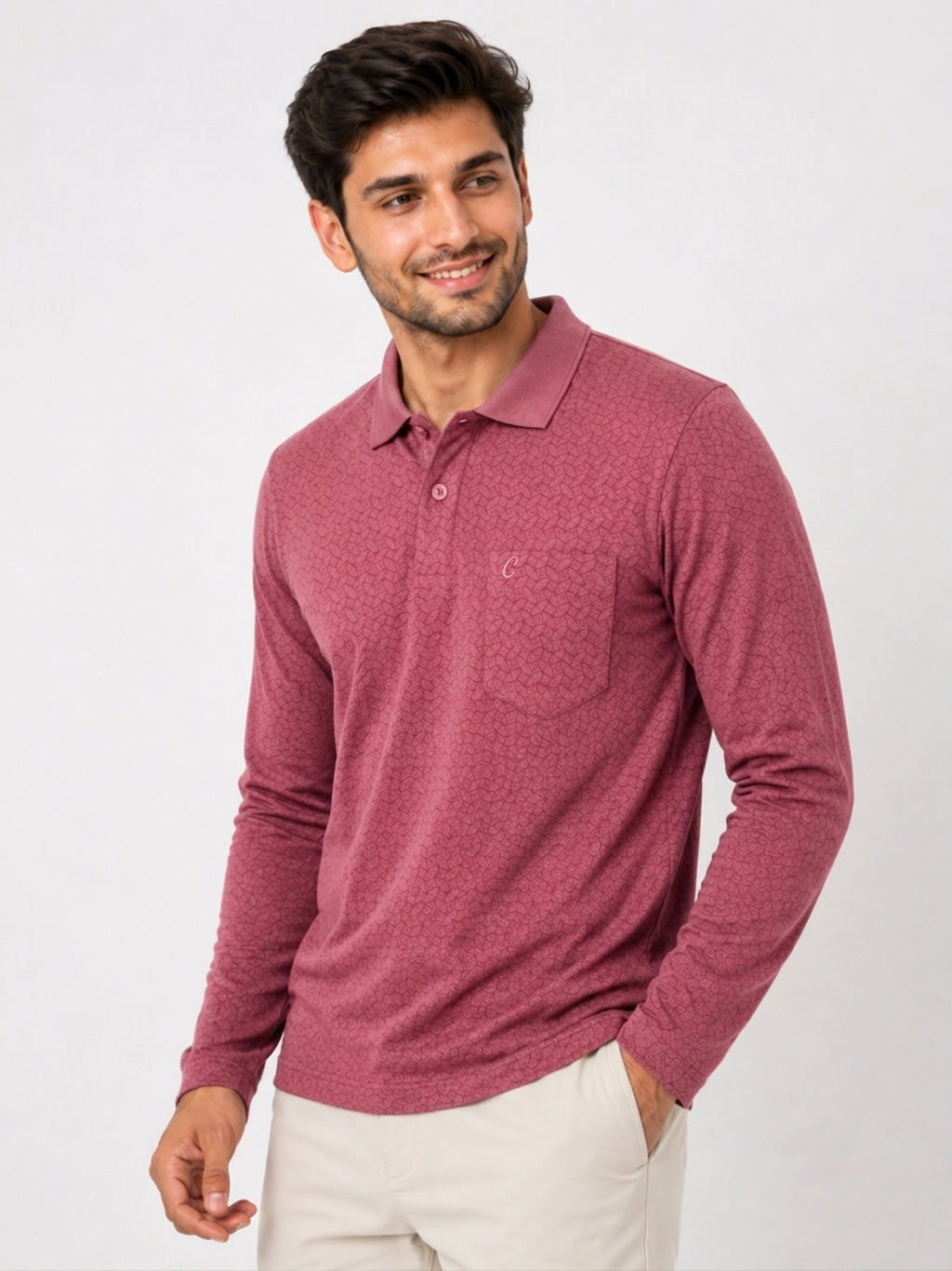 Camey Men's Printed Full Sleeve Polo T-Shirt For Men with Chest Pocket