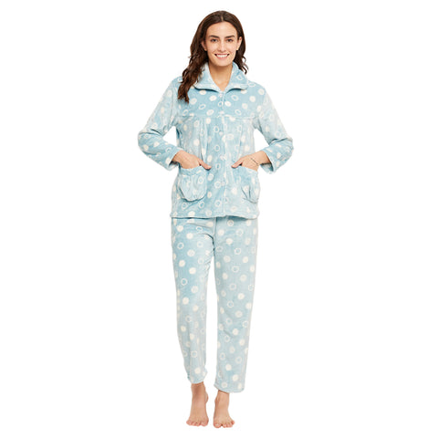 Women's Winter Full Sleeve Top and Pajama Pants Regular Fit Night Suit Collar Top and Pyjama Set Ladies Night Dress