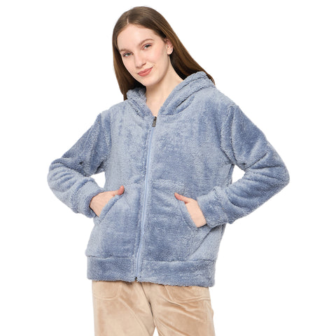 Women Solid Hooded Sherpa Fleece Sweatshirt