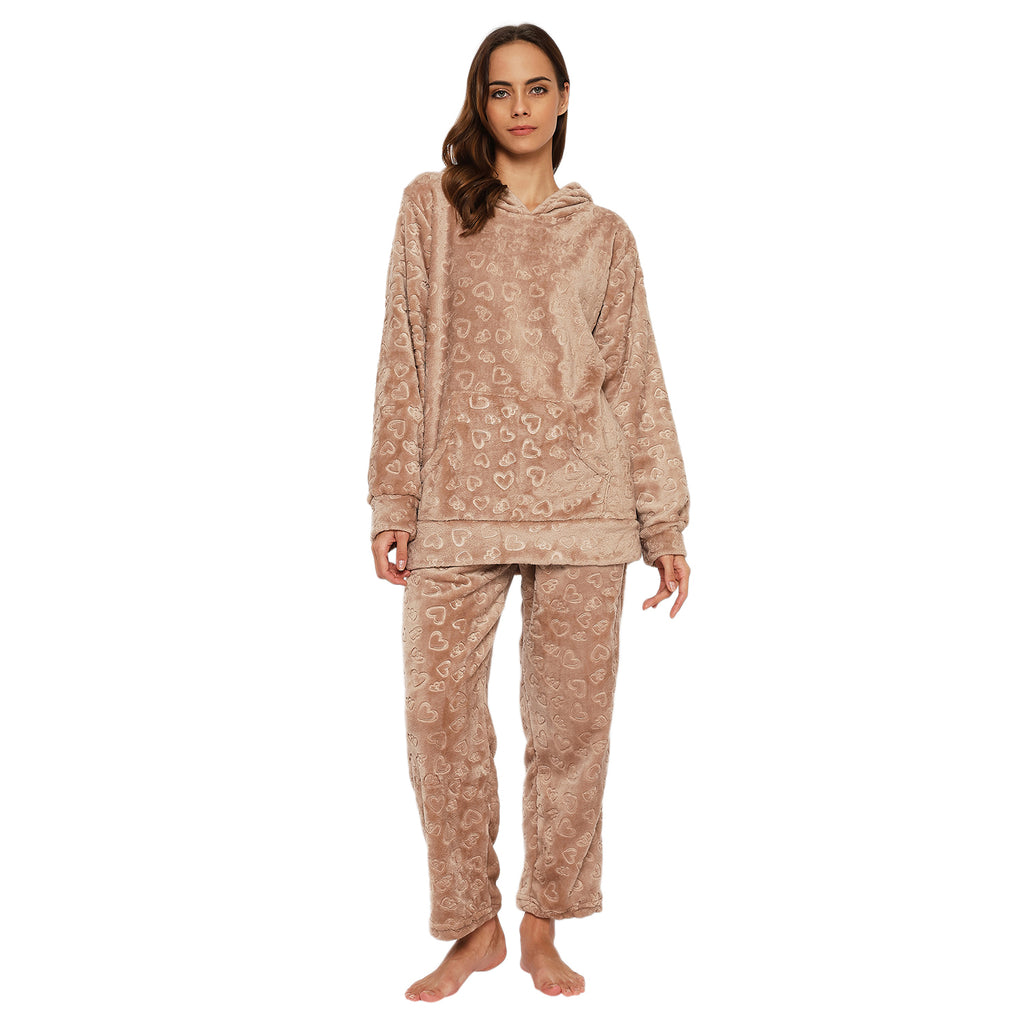 Women's Embossed Full Sleeve Hooded Top and Pajama Pants with Pockets