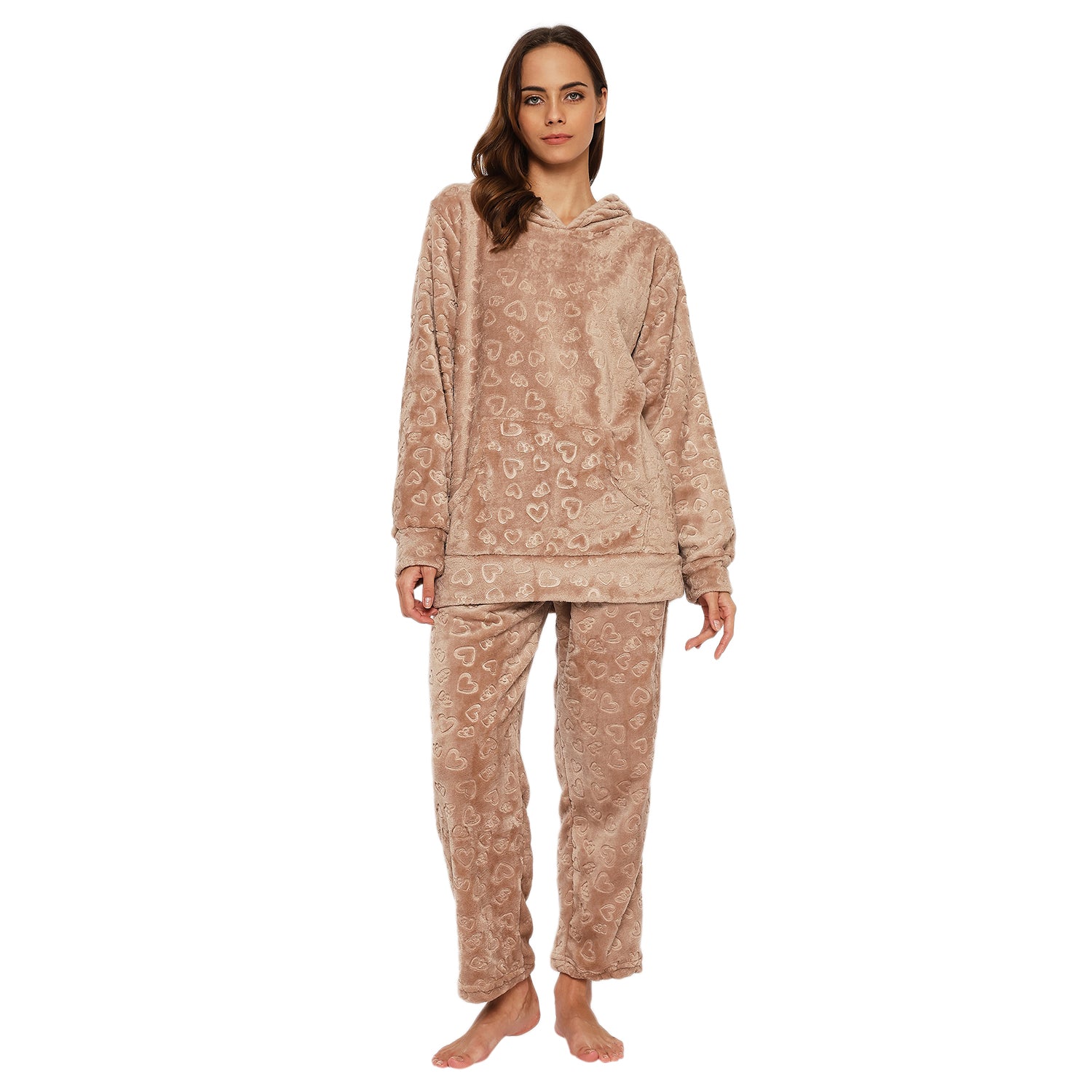 Women's Embossed Full Sleeve Hooded Top and Pajama Pants with Pockets