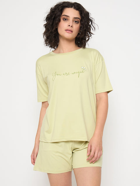 Women's Cotton Loungewear Set, Short Sleeve T-Shirt and Shorts, Light Green