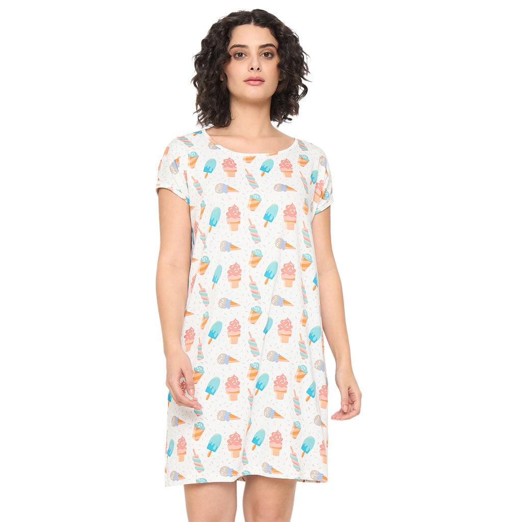 Camey Long Nighty – Comfy & Stylish Nightwear for Women | Women's Printed Nightgown, Short Sleeve Sleep Dress, Short Length, Short Nighty, White Blue