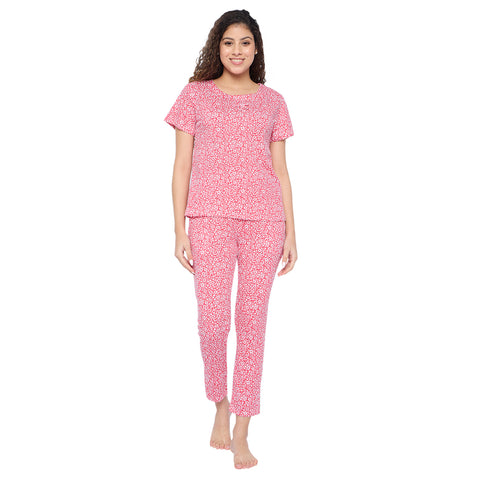 Women's Printed Pyjama Set with pockets, Red