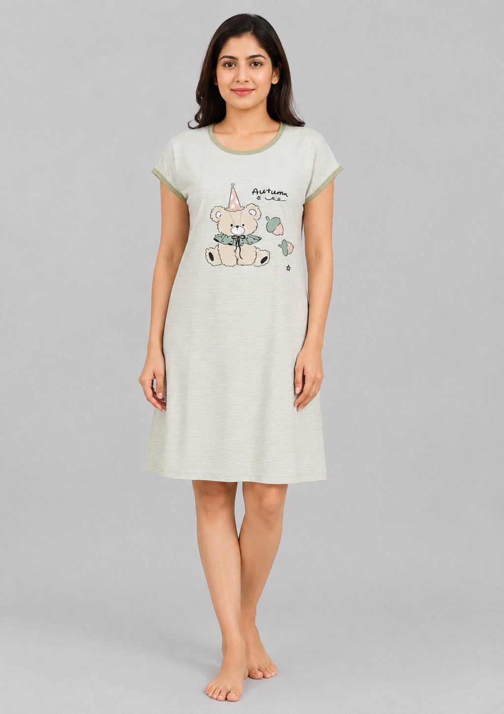 Women's Cute Cartoon Printed Knee Length Nighty | Soft Comfortable Loose Fit Short Sleeve Nighty for Women