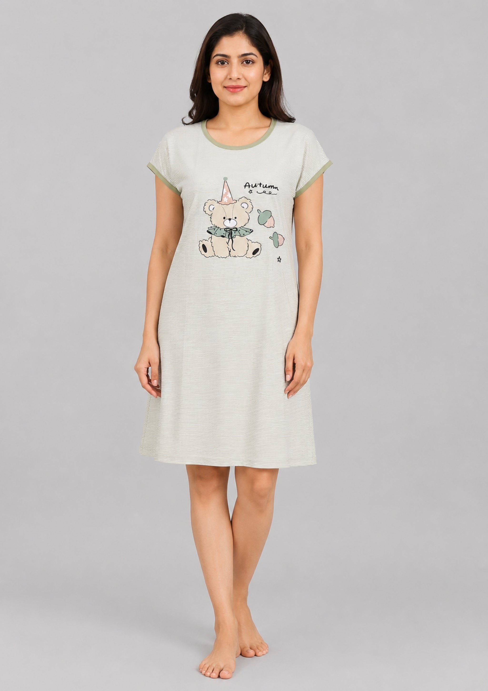 Women's Cute Cartoon Printed Knee Length Nighty | Soft Comfortable Loose Fit Short Sleeve Nighty for Women