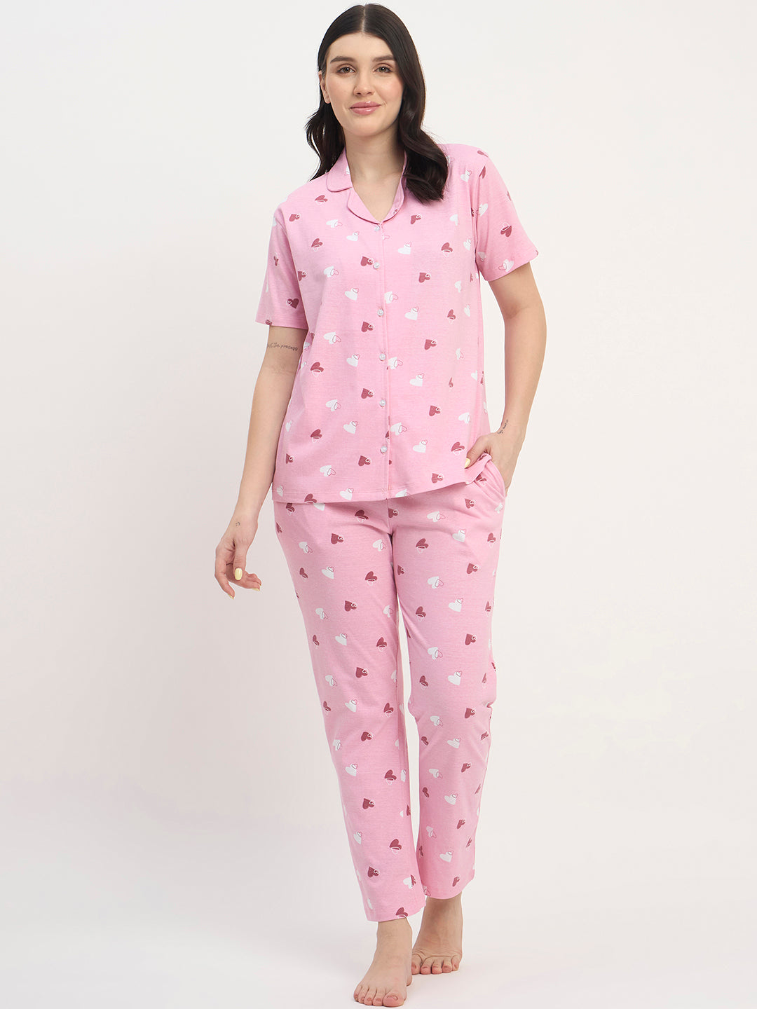 Women's Printed Nightsuit Pajama Set, Short Sleeve Button-Down Top with Pants, Cotton Nightwear, Pink