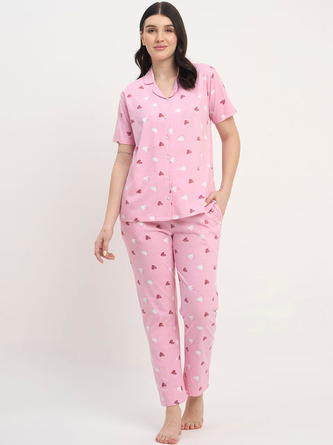 Women's Printed Nightsuit Pajama Set, Short Sleeve Button-Down Top with Pants, Cotton Nightwear, Pink
