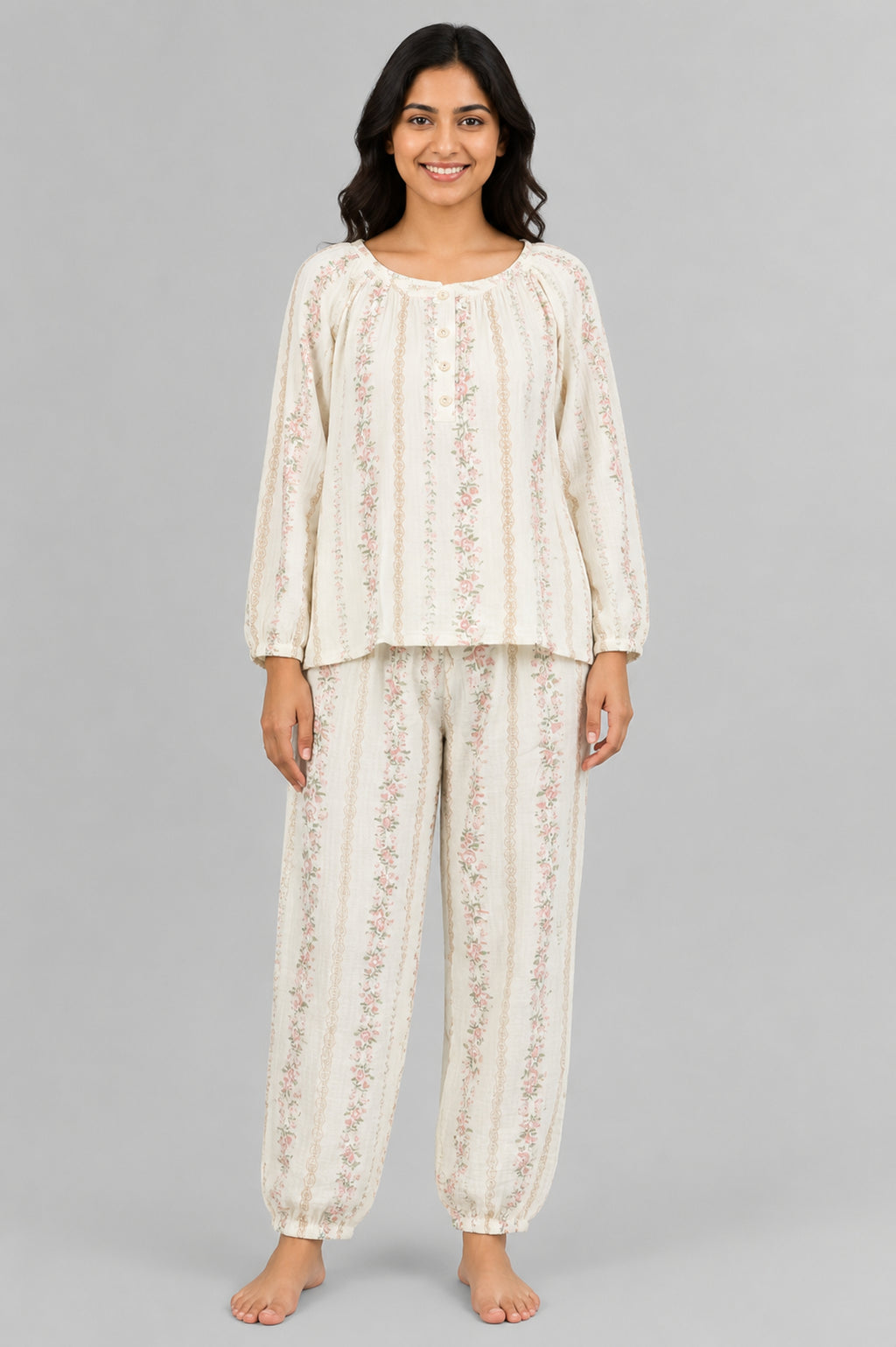 Women Night Suit Cotton Muslin Pyjama Set | Soft Printed Full Sleeve Sleepwear